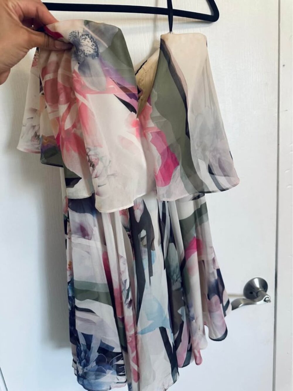 Bebe Watercolor Floral Strapless Flounce Mini Dress - Picture 3 of 5